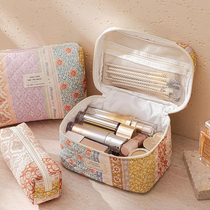 HBselect Quilted Makeup Bag, 3PCS Cotton Large Travel Makeup Bag, Cute Floral Coquette Make up Bag Cosmetic Bag Toiletry Bag for Women Girls