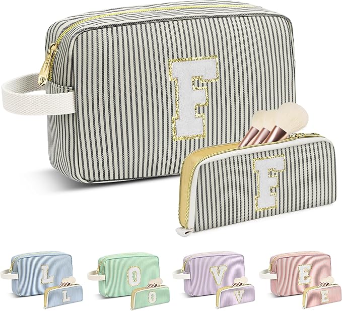 Travel Makeup Bag Christmas Gifts for Women Girl Teens, Personalized Initial Makeup Bag for Cute Teen Girls, Preppy Stuff Toiletry Bag Cosmetic Bag, Teen Girls Gift Trendy Stuff, Letter F