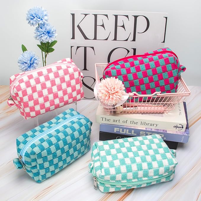 PAZIMIIK Checkered Makeup Bag for Purse Portable Zipper Make Up Pouch Small Cosmetic Case for Travel Accessories (2PCS Pink)
