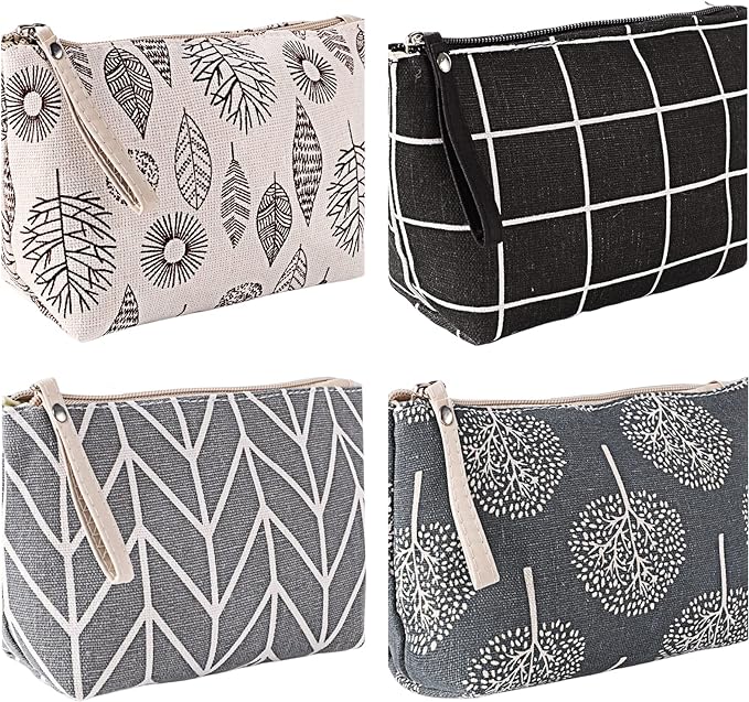4 Pcs Canvas Cosmetic Bag, Multi-function Travel Makeup Bag Cosmetic Pouch with Zipper Travel Toiletry Bag Small Makeup Pouch Christmas Gifts Stocking Stuffers for Women