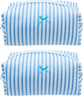 PAZIMIIK 2PCS Cozy Makeup Bag Small Aesthetic Travel Zipper Cosmetic Pouch for Women Make Up Beauty Accessories Brushes, Stripe Lake Blue