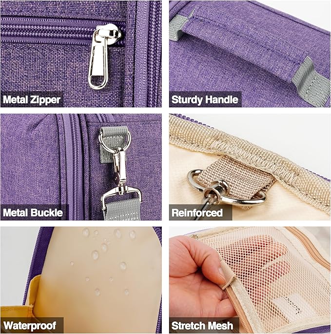 Hanging Travel Toiletry Bag for Women and Men, 6 Organizer Compartments, Large Toiletries essentials, Bathroom Cosmetic Accessories, Water-resistant Makeup Bag, Holds Full-Size Shampoo, Purple