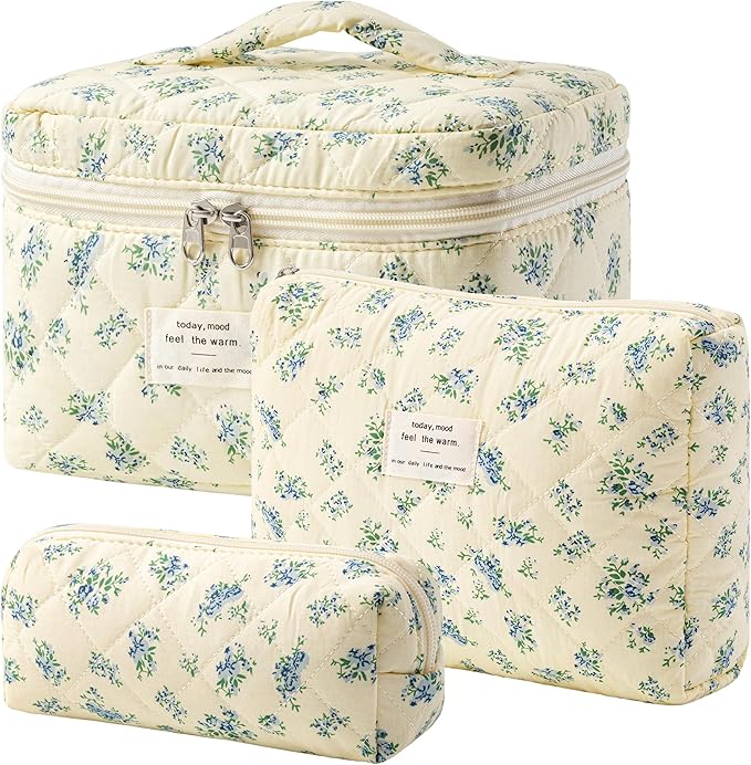 HBselect Quilted Makeup Bag, 3PCS Cotton Large Travel Makeup Bag, Cute Floral Coquette Make up Bag Cosmetic Bag Toiletry Bag for Women Girls