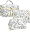 PAZIMIIK 3PCS Makeup Bag SET Large Travel Quilted Zipper Soft Cosmetic Case Pouch for Women Girls Make Up,Flower White