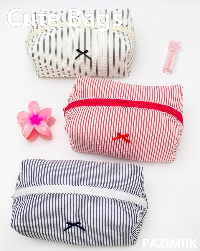 PAZIMIIK 2PCS Cozy Makeup Bag Small Aesthetic Travel Zipper Cosmetic Pouch for Women Make Up Beauty Accessories Brushes, Stripe Red