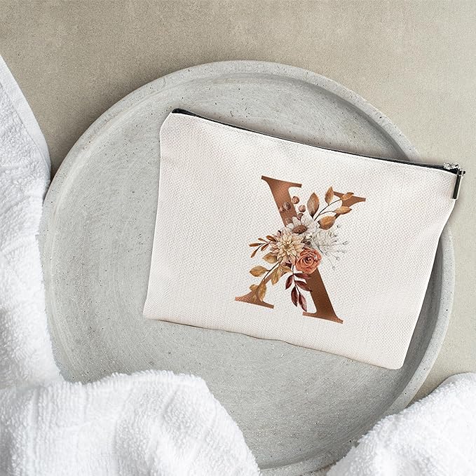 A-Z Boho Personalized Cosmetic Bag-Floral Cotton Letter Makeup Bag With Zipper-Artistic Cosmetic Bag For Travel-Bride,Birthday Gift For Women Daughter Friends-Women Makeup Organizer-A24