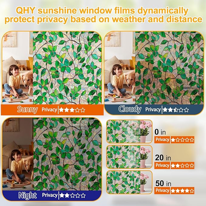 Window Privacy Film Stained Glass Window Film Rainbow Window Film Window clings Non-Adhesive Reusable Decorative for Room(Green Rainbow, 45.2 X 78.7 in)