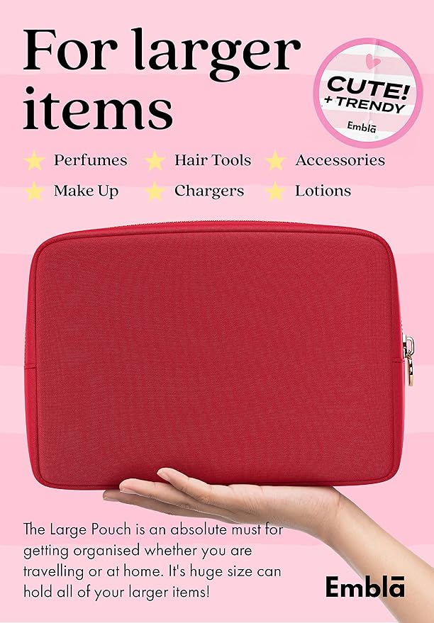 Embla Makeup Bag Travel Cosmetics Pouch and Toiletry Bag, Nylon Zipper Pouch Purse, Cute Make Up Organizer Storage Tote for Women Girls, Waterproof Travel Skincare Case, Small Makeup Bags, Ruby Red