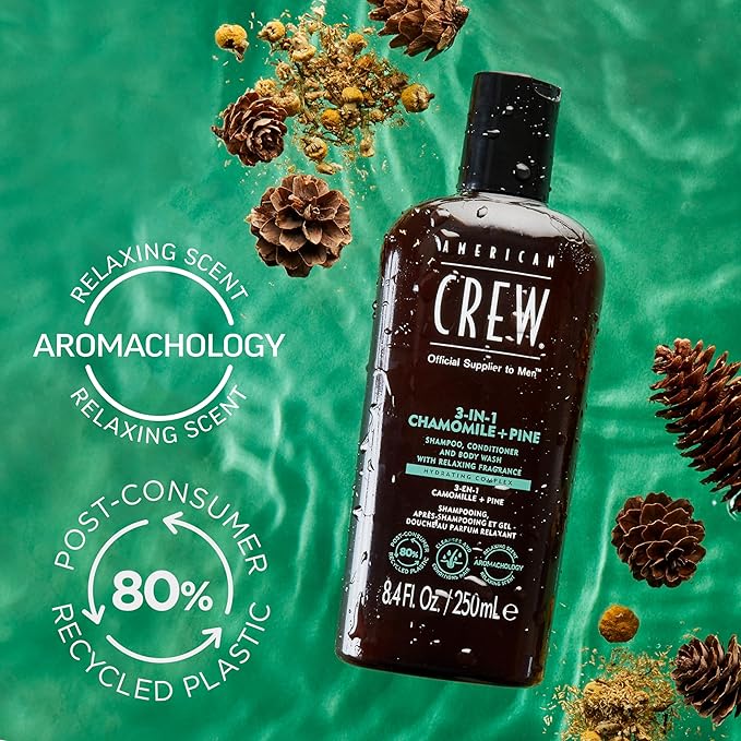 AMERICAN CREW 3-in-1 Chamomile & Pine, Shampoo, Conditioner & Body Wash for Men, Hair Care Gift for Him, Calming and Relaxing Fragrance, 15.2 fl oz