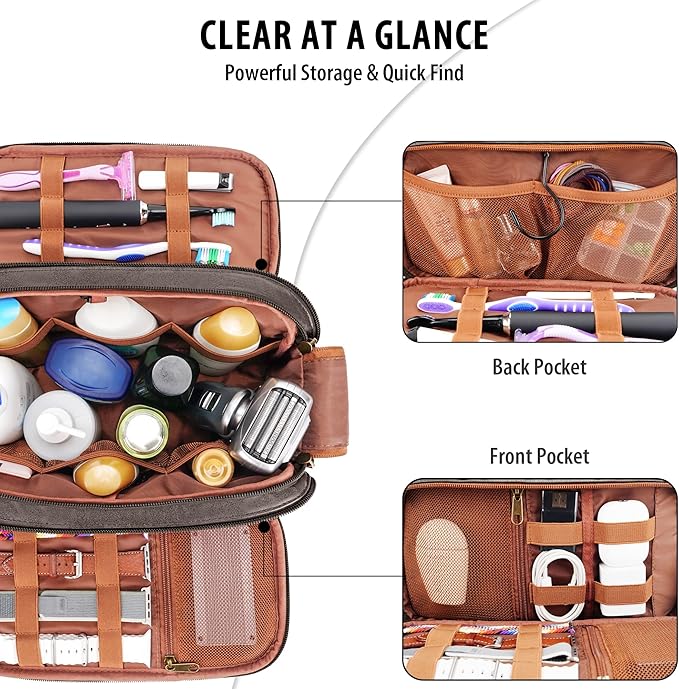 Travel Toiletry Bag for Men, Large Hanging Toiletries Organizer Bags for Women, Cruise Ship Essentials, Water-resistant Shaving Case, PU Leather Makeup Accessories Cosmetic Dopp Kit, Dark Brown