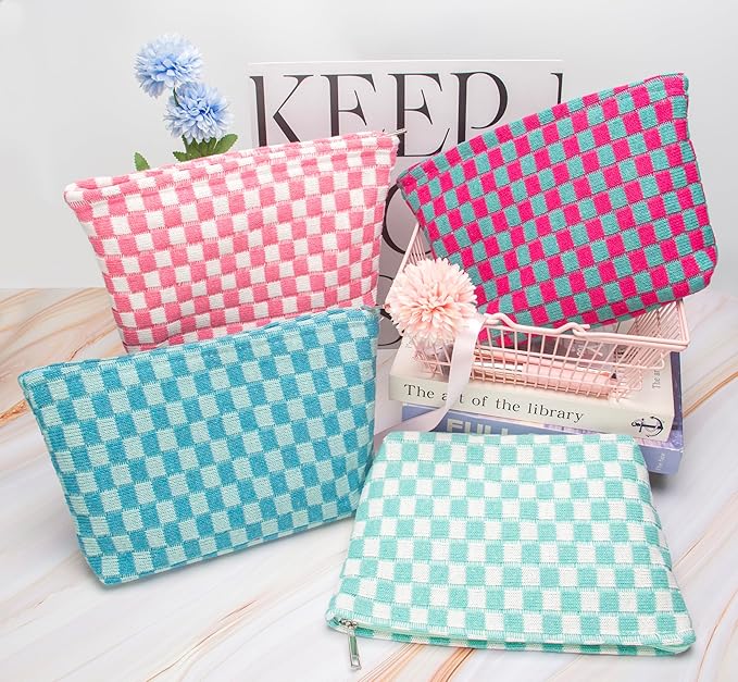 PAZIMIIK Knitted Checkered Makeup Bag Large Zipper Make Up Accessory Pouch for Purse Cosmetic Brush Bag for Travel Essential Arctic Blue