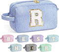 YOOLIFE Initial Makeup Bag for Teen Girls Women - Monogram Cute Large Blue Makeup Bags Cosmetic Toiletry Pouch for Her Friends Mom Sister Teacher, Personalized Birthday Gifts for Women R