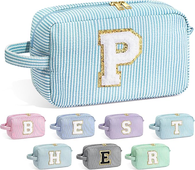 YOOLIFE Initial Makeup Bag - Personalized Monogram Cute Blue Makeup Bags, Girls Makeup Toiletry Bag Pouch, Make Up Case for Women Her Mom Best Friend Female Sister Teacher, Birthday Gifts for Women P