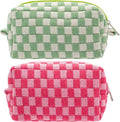 PAZIMIIK Checkered Makeup Bag for Purse Portable Zipper Make Up Pouch Small Cosmetic Case for Travel Accessories (2PCS Hotpink Light Green)