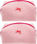 PAZIMIIK 2PCS Cozy Makeup Bag Small Aesthetic Travel Zipper Cosmetic Pouch for Women Make Up Beauty Accessories Brushes, Stripe Red