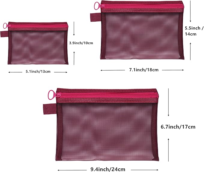 Quotidian Flat Clear Mesh Pencil Pouch Red Makeup Bag with Zipper Handbag Organizer 3-Size Pack of 9 - Tech Accessories Personal Care Road Trip