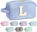 YOOLIFE Initial Makeup Bag for Women - Monogram Cute Blue Makeup Bags Cosmetic Toiletry Pouch Make Up Case for Women Her Best Friend Friendship Sister Teacher, Personalized Birthday Gifts for Women L