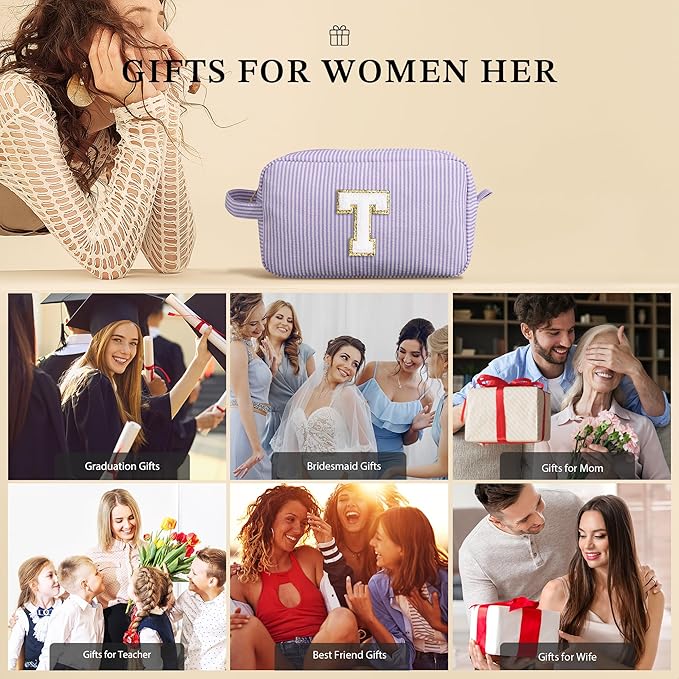 YOOLIFE Gifts for Women - Birthday & Graduation Gifts, Mother's Day & Teacher Appreciation, Personalized Initial Blue Makeup Bag