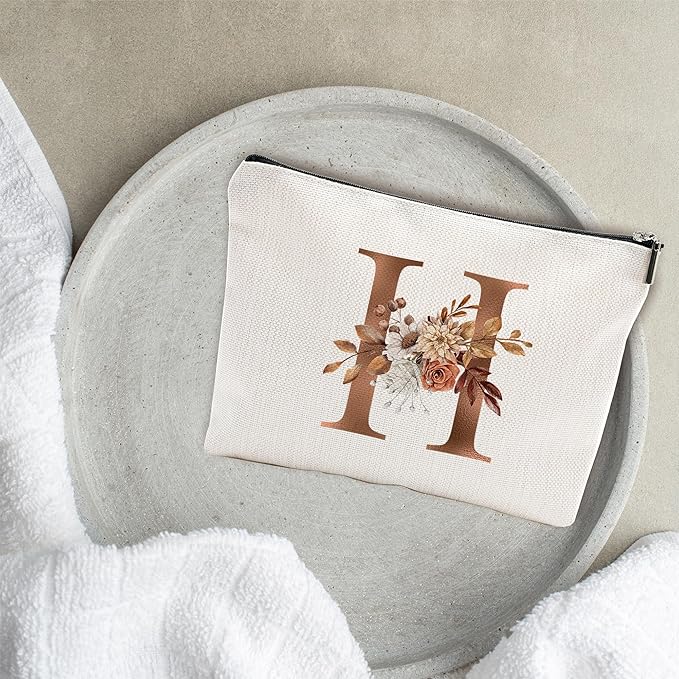 A-Z Boho Personalized Cosmetic Bag-Floral Cotton Letter Makeup Bag With Zipper-Artistic Cosmetic Bag For Travel-Bride,Birthday Gift For Women Daughter Friends-Women Makeup Organizer-A08