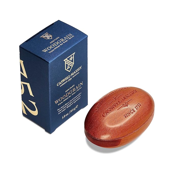 Caswell-Massey Woodgrain Sandalwood Natural Bar Soap for Men & Women, Moisturizing Body Soap Bar for All Skin Types, Made with Essential Oils & Plant-Based Formula for Soft Skin, Made in USA, 5.8 oz