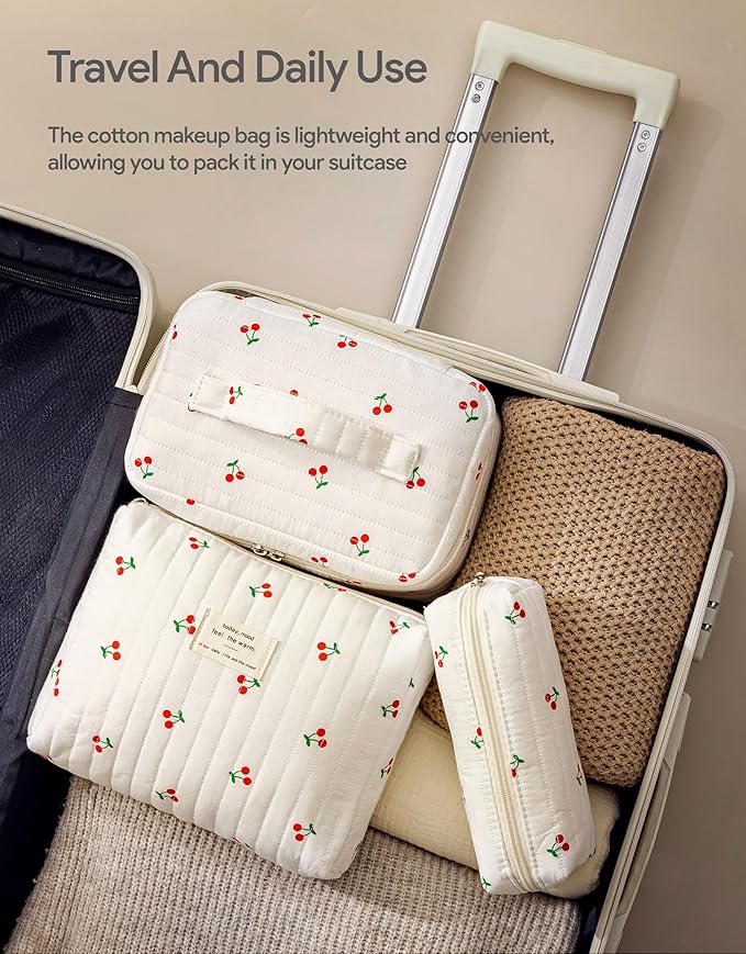 HBselect Quilted Makeup Bag, 3PCS Cotton Large Travel Makeup Bag, Cute Floral Coquette Make up Bag Cosmetic Bag Toiletry Bag for Women Girls