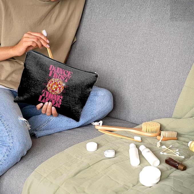 Nogrit Dancer Makeup Bag,Dance First Think Later Trendy Hot Pink Disco Ball Inspirational Makeup Travel Toiletry Bag,Dancing Gifts for Women,Gifts for Dance Lovers