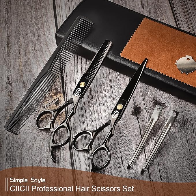 CIICII Hair Cutting Scissors Shears Kit, Professional Barber Haircut Scissors Set (6.7 Inch Hair Beard Hairdressing Trimming Haircutting Thinning Shears) for Men Women Hairdresser Home Salon (Black)