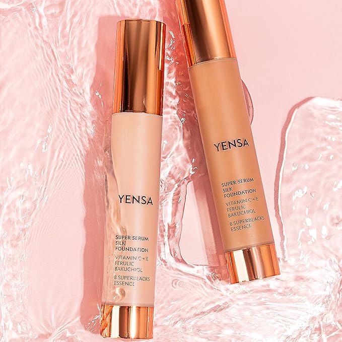 YENSA Serum Foundation Makeup - Super Silk Full Coverage Foundation Enriched with Peptides, Vitamin C & Ferulic Acid to Help Reduce Fine Lines, Wrinkles & Dark Circles - Tan 2 (1 oz)