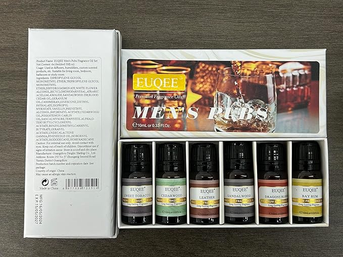 EUQEE 6PCS Fragrance Oils for Men, Men's Pubs Gift Set Premium Fragrance Oils -10ml-Leather, Sweet Tobacco（New Name-Honeyed Haze）, Dragons Blood, Sandalwood, Bay Rum, Cedarwood (Men's Pubs)