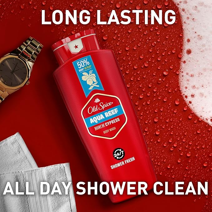 Old Spice Refreshing Body Wash for Men, 3X Defense, 24/7 Shower Fresh with Long Lasting Scent, Red Collection, Aqua Reef with Cypress Scent, 24 oz