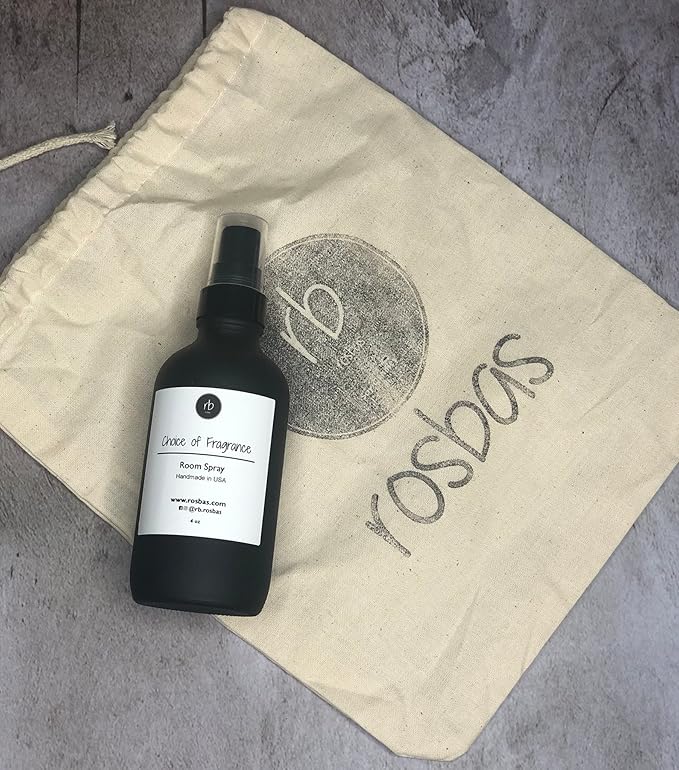 Rosbas Room Spray, Egyptian Amber Scented, Matte Black Glass Bottle, 4 oz, Drawstring Cotton Bag, Long Lasting Scented Air Freshener, Non-Aerosol, Handmade in USA