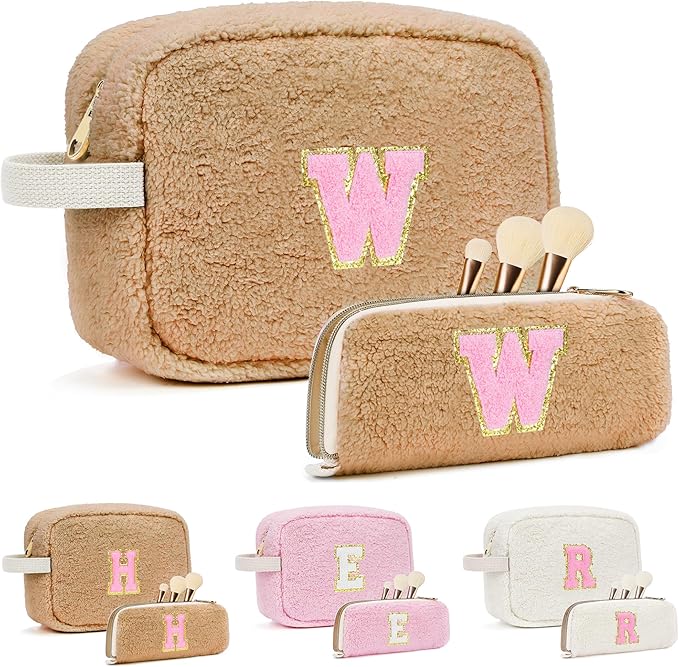 for Christmas Day Gifts, Personalized Initial Cosmetic Bag Pouch for Teen Girls, Preppy Makeup Travel Bags for Daughter Sister Girlfriend, Monogramed Make Up Pouch for Birthday Gifts - Brown W