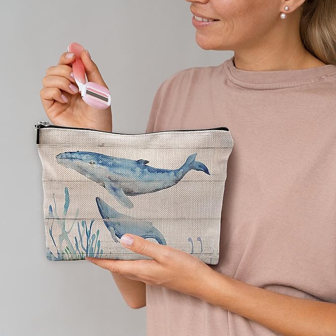 Watercolor Beach Ocean Whale Makeup Bag Travel Cosmetic Bags,Rustic Marine Life Sea Animal Cosmetic Bags with Zipper Pouch Travel Toiletry Case,Gifts for Whale Lovers