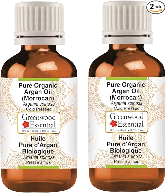 Greenwood Essential Pure Organic Argan (Moroccan) Oil (Argania spinosa) Cold Pressed (Pack of Two) 100ml X 2 (6.76 oz)