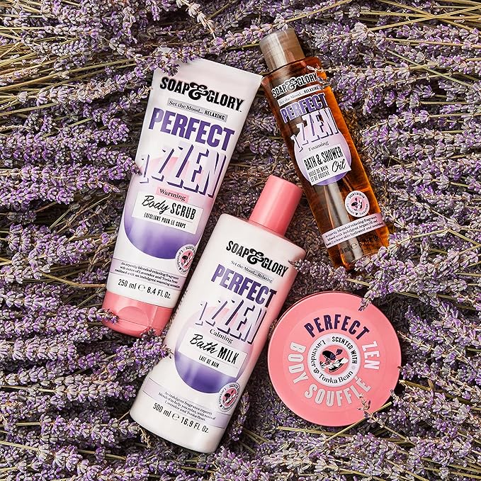 Soap & Glory Perfect Zen Exfoliating Body Scrub - Smoothing & Buffing Body Scrub - Lavender & Tonka Bean Scented Body Polish - Warming Exfoliating Scrub for Relaxation (250ml)