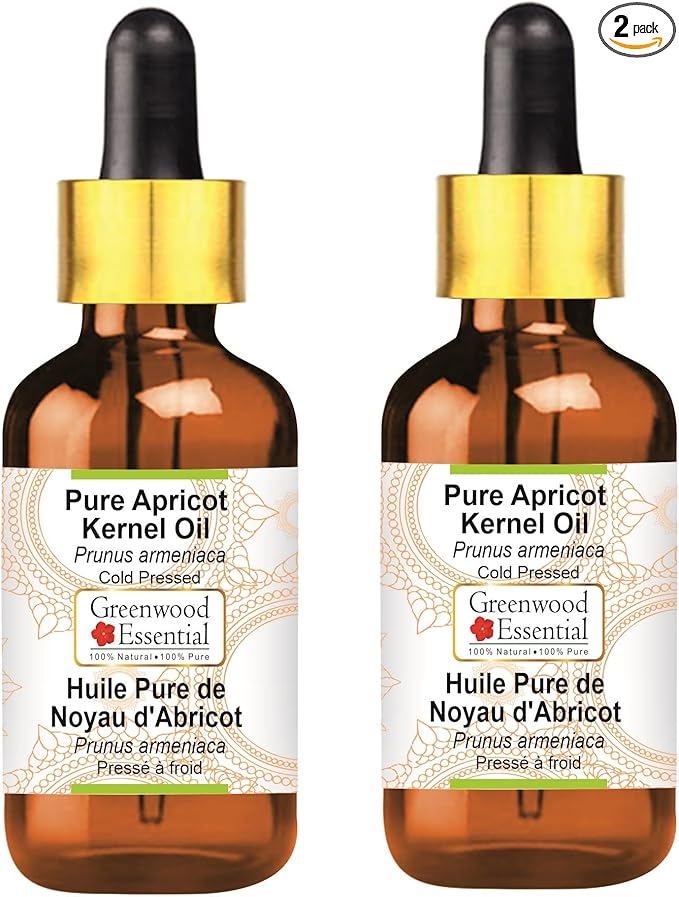 Greenwood Essential Pure Apricot Kernel Oil (Prunus armeniaca) with Glass Dropper Cold Pressed (Pack of Two) 100ml X 2 (6.76 oz)