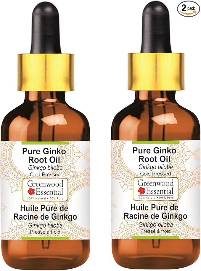 Greenwood Essential Pure Ginko Root Oil (Ginkgo biloba) with Glass Dropper Cold Pressed (Pack of Two) 100ml X 2 (6.76 oz)