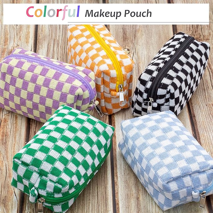 PAZIMIIK Checkered Makeup Bag for Purse Portable Zipper Make Up Pouch Small Cosmetic Case for Travel Accessories (2PCS Blue)