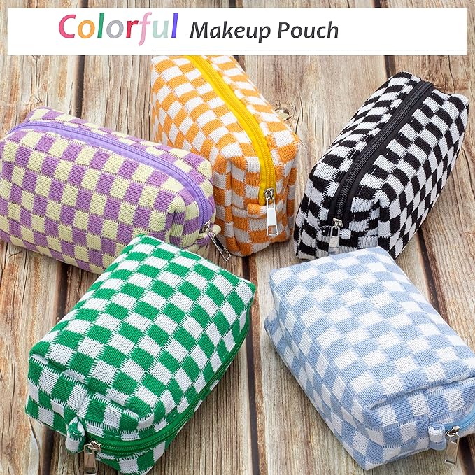 PAZIMIIK Checkered Makeup Bag for Purse Portable Zipper Make Up Pouch Small Cosmetic Case for Travel Accessories (2PCS Green)