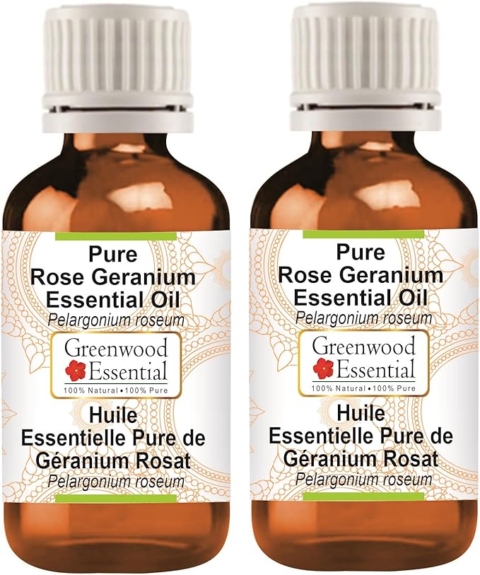 Greenwood Essential Pure Rose Geranium Essential Oil (Pelargonium roseum) Steam Distilled (Pack of Two) 100ml X 2 (6.76 oz)