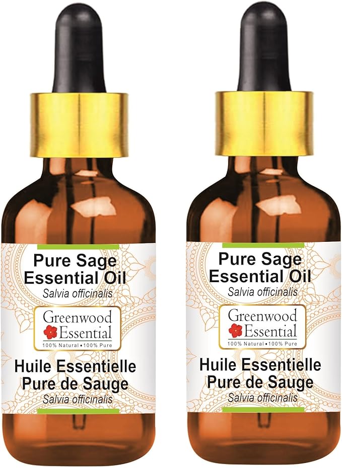 Greenwood Essential Pure Sage Essential Oil (Salvia officinalis) with Glass Dropper Steam Distilled (Pack of Two) 100ml X 2 (6.76 oz)
