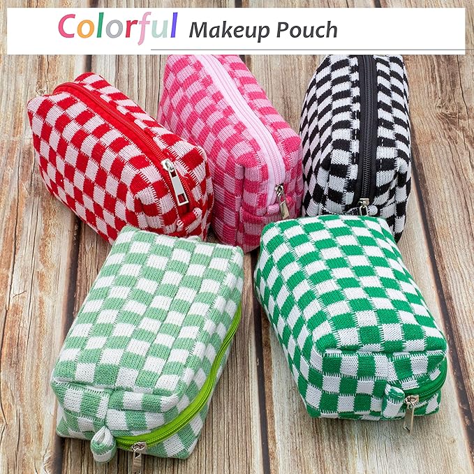 PAZIMIIK Checkered Makeup Bag for Purse Portable Zipper Make Up Pouch Small Cosmetic Case for Travel Accessories (6PCS Light Green)
