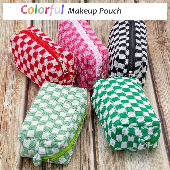 PAZIMIIK Checkered Makeup Bag for Purse Portable Zipper Make Up Pouch Small Cosmetic Case for Travel Accessories (2PCS Blue Light Green)