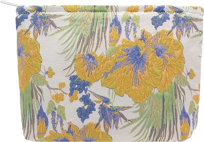 Makeup Bags for Purse Zipper Cosmetic Pouch Large Travel Canvas Make Up Organizer Tool Pouch for Women and Girls,Brocade Flower Yellow