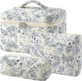 HBselect Quilted Makeup Bag, 3PCS Cotton Large Travel Makeup Bag, Cute Floral Coquette Make up Bag Cosmetic Bag Toiletry Bag for Women Girls