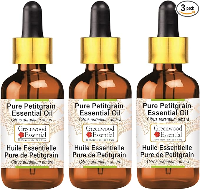 Greenwood Essential Pure Petitgrain Essential Oil (Citrus aurantium Amara) with Glass Dropper Steam Distilled (Pack of Three) 100ml X 3 (10.1oz)