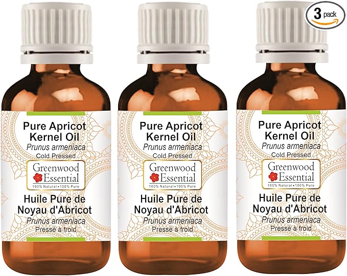 Greenwood Essential Pure Apricot Kernel Oil (Prunus armeniaca) Cold Pressed (Pack of Three) 100ml X 3 (10 oz)