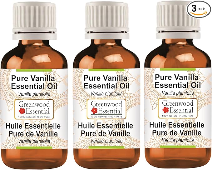Greenwood Essential Pure Vanilla Essential Oil (Vanilla planifolia) Steam Distilled (Pack of Three) 100ml X 3 (10.1oz)