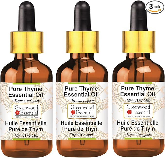 Greenwood Essential Thyme Essential Oil (Thymus vulgaris) with Glass Dropper Steam Distilled (Pack of Three) 100ml X 3 (10.1oz)