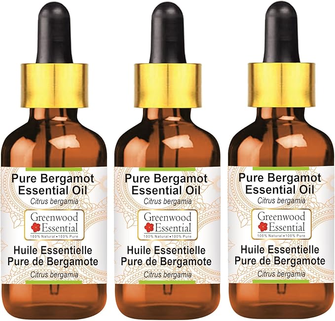 Greenwood Essential Pure Bergamot Essential Oil (Citrus bergamia) with Glass Dropper Steam Distilled (Pack of Three) 100ml X 3 (10 oz)
